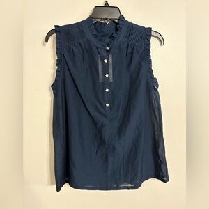 Biltmore Sleeveless Navy Ruffle-Trim Blouse Decorative Buttons NWT SIZE SMALL